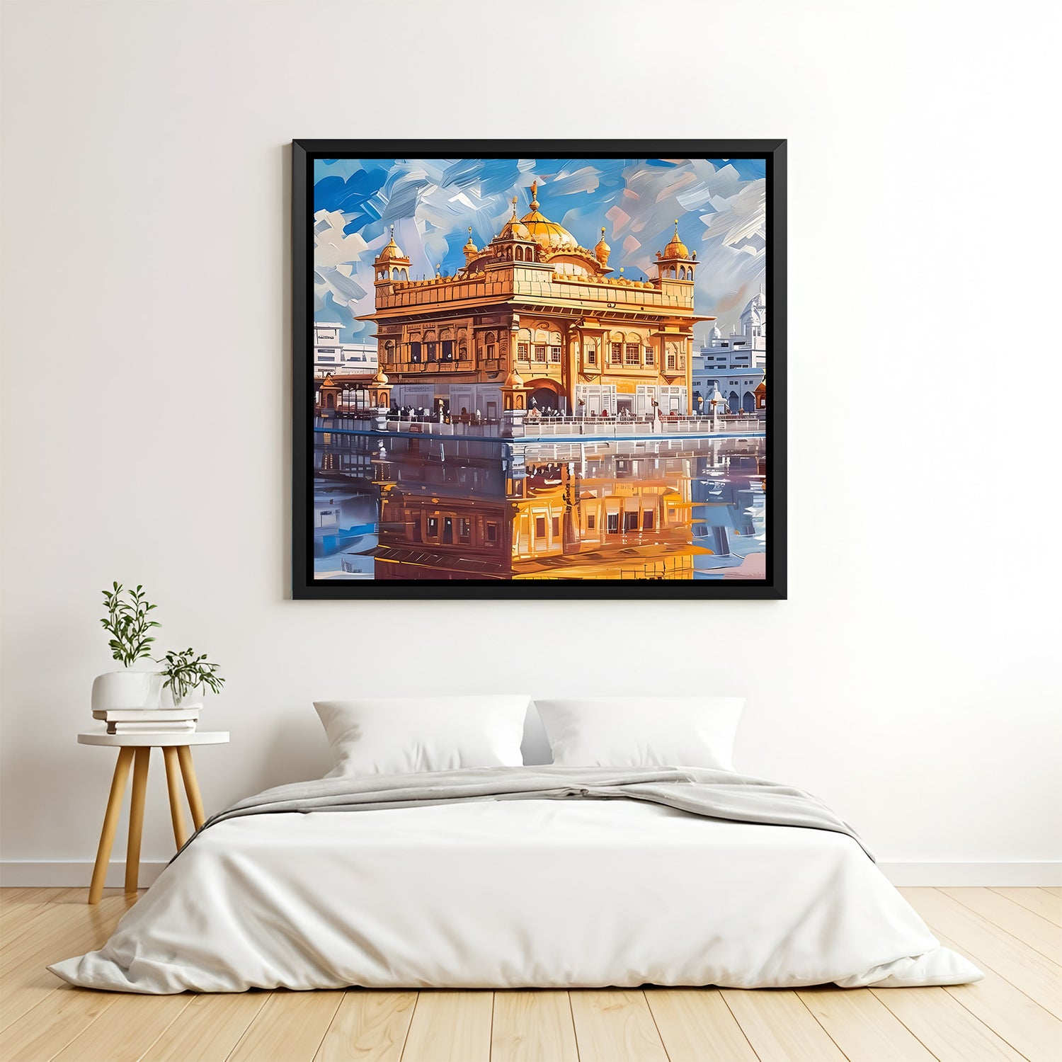 Golden Temple illuminated artwork in elegant black floater frame with glowing sacred ambiance