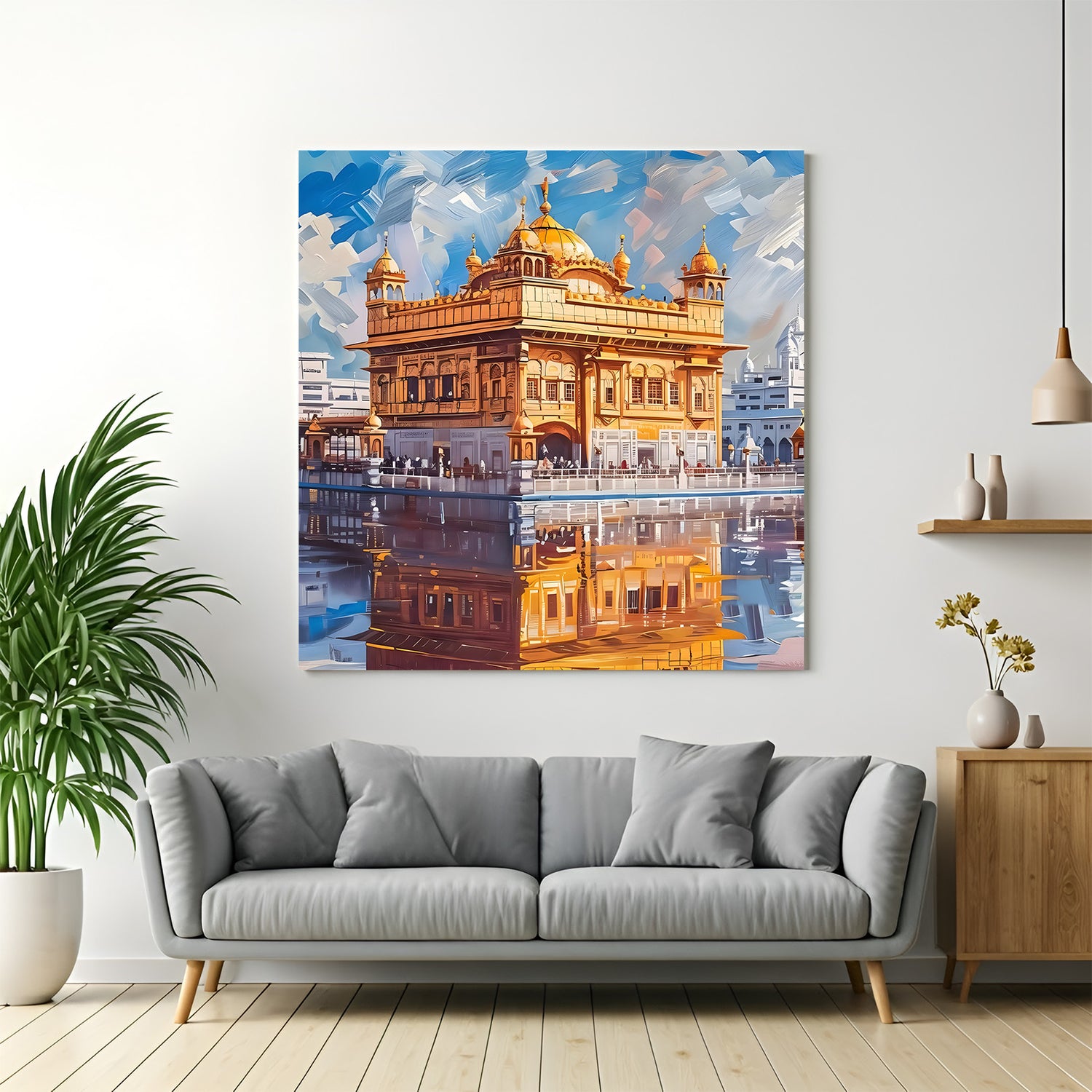 Golden Temple Sacred Illumination canvas wall art in premium canvas wrapped frame featuring radiant spiritual architecture
