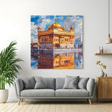 Golden Temple Sacred Illumination canvas wall art in premium canvas wrapped frame featuring radiant spiritual architecture