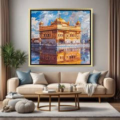 Golden Temple Sacred Illumination artwork in luxury golden floater frame showcasing divine golden brilliance
