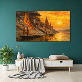 Golden Varanasi ghat sunset canvas wall art with monks and temple steps