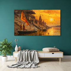 Golden Varanasi ghat sunset canvas wall art with monks and temple steps