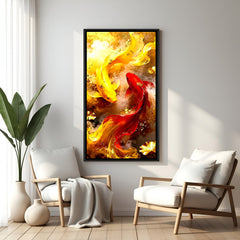 Glamorous koi fish wall art with golden swirling backdrop in elegant black floater frame