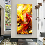 Vertical canvas artwork featuring red and yellow koi fish against a swirling golden background in premium canvas wrapped frame