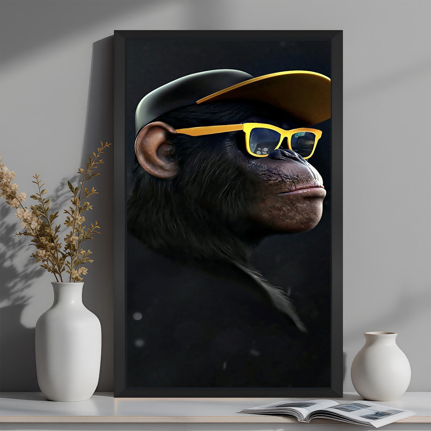 Stylish gorilla with hat and sunglasses canvas in black floater frame, unique wall decor for modern masculine spaces