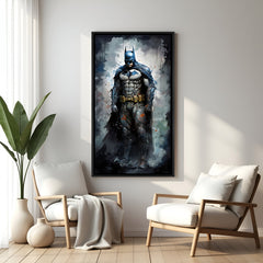 Batman superhero artwork in elegant black floater frame featuring painterly textures and heroic stance