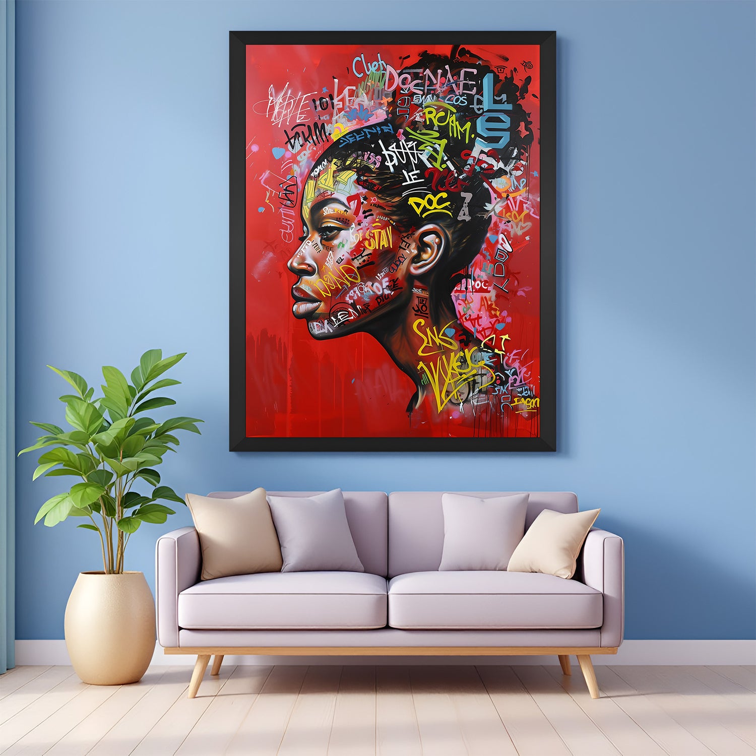 Black-framed canvas artwork of a graffiti-inspired girl in bold colors and urban painted textures – perfect for modern, edgy spaces with strong personality