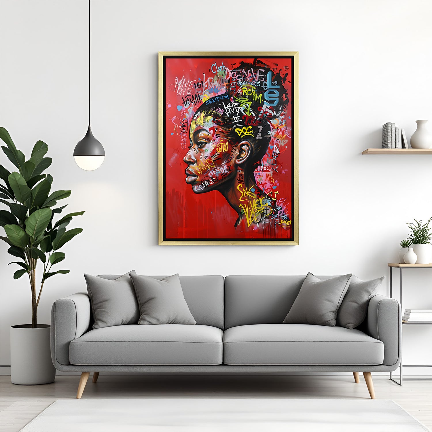 Golden-framed modern art canvas of a graffiti girl portrait with painted street elements – ideal for premium interiors with youthful, vibrant energy