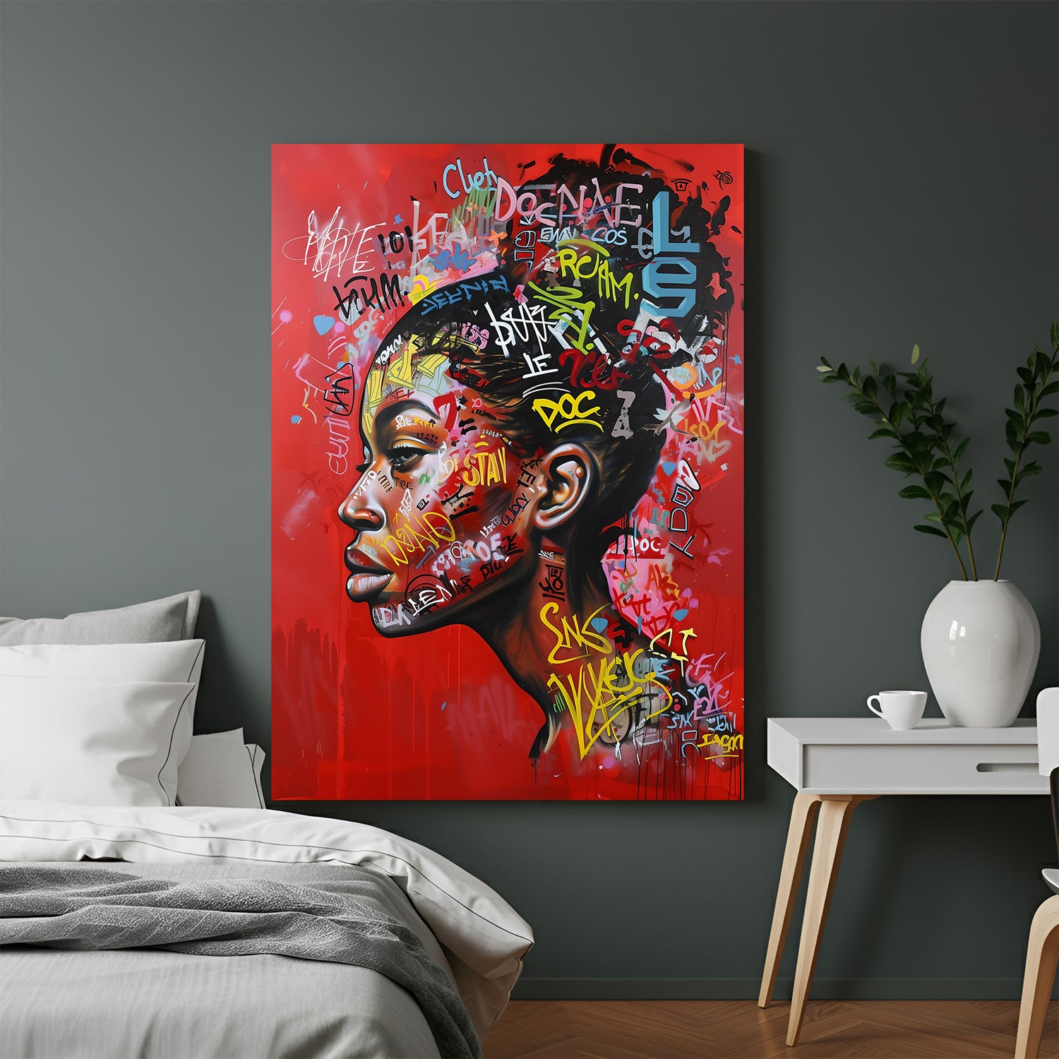 Colorful modern canvas wall art of a confident graffiti-style girl painted with expressive brushwork and urban elements, ideal for bold and stylish interior decor