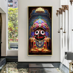 Ornate Jagannath devotional wall art in golden floater frame for luxury home mandir decor.
