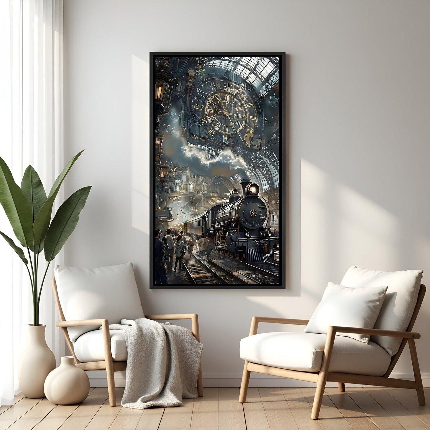 Modern railway station artwork with train, passengers, and giant clock in elegant black floater frame