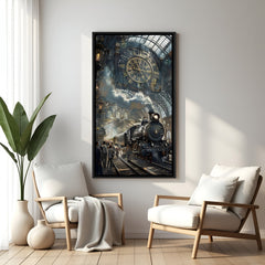 Modern railway station artwork with train, passengers, and giant clock in elegant black floater frame