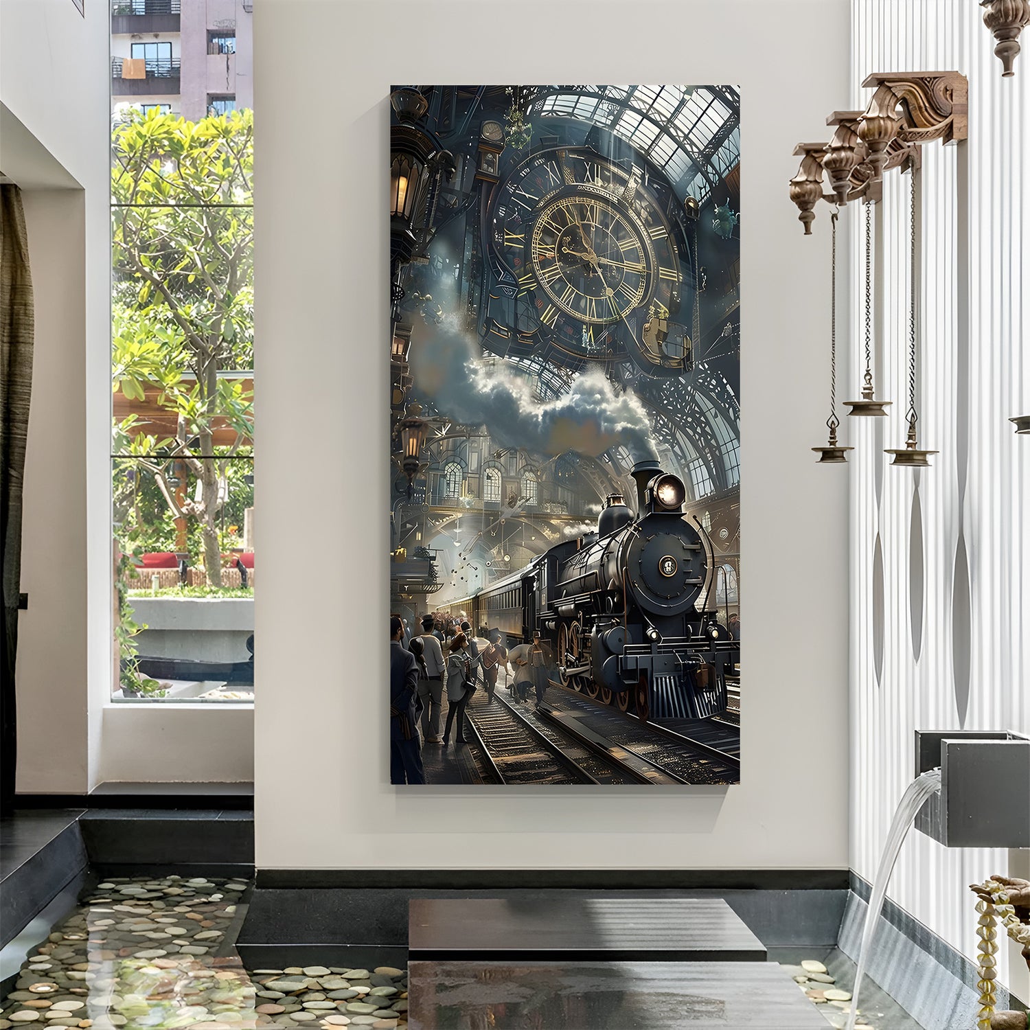 Grand Station Countdown canvas print featuring a train at a station, people running toward it, and a large clock in premium canvas wrapped frame