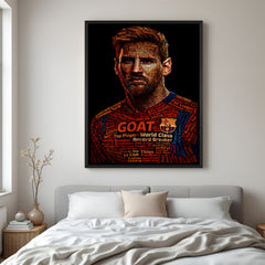 Messi-inspired football motivation artwork in elegant black floater frame with contemporary portrait styling