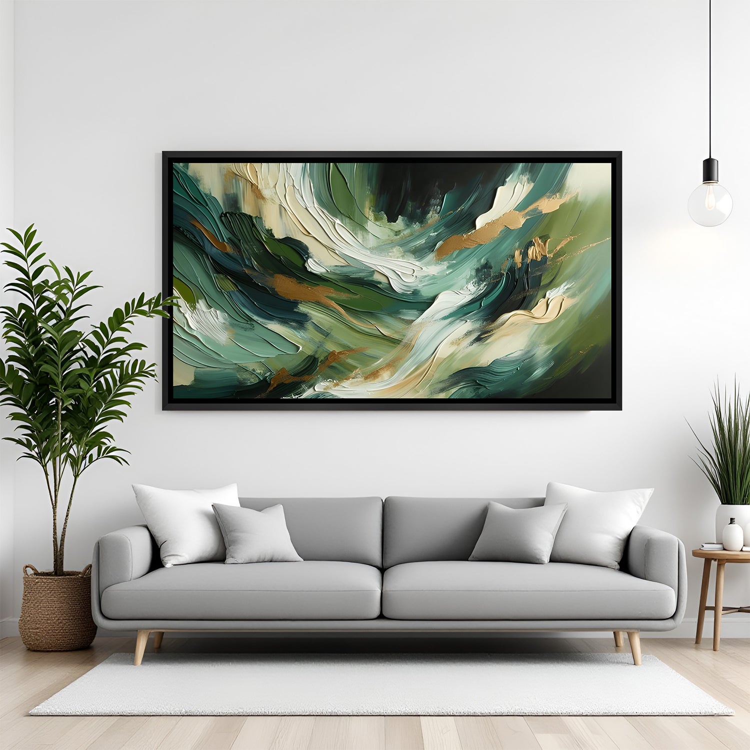 Abstract green canvas wall art with botanical flow design in black floater frame above sofa in contemporary living room decor