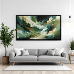 Abstract green canvas wall art with botanical flow design in black floater frame above sofa in contemporary living room decor