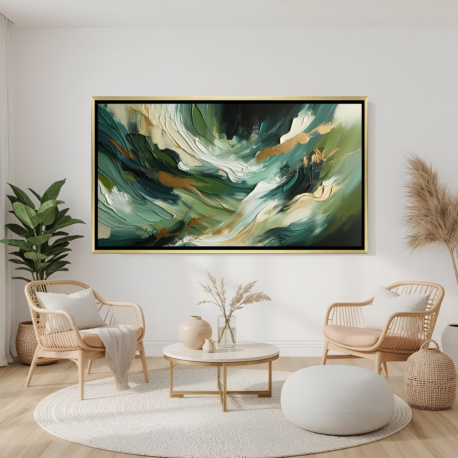 Green abstract canvas wall art with gold accents and flowing design in golden floater frame displayed in elegant modern living room decor