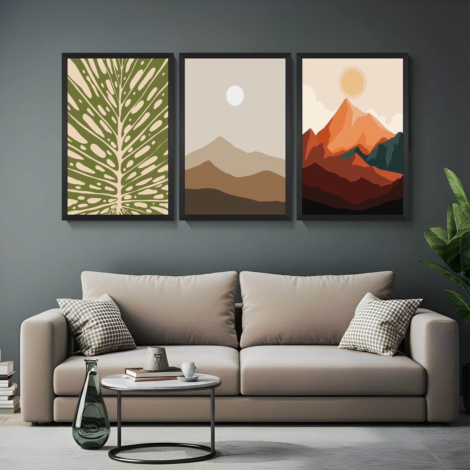 Bohemian canvas wall art set with green abstract, desert scene, and mountain and sun – designed for natural, minimalist interiors