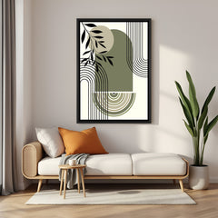 Canvas wall art with earthy stone shapes and abstract lines in black floater frame