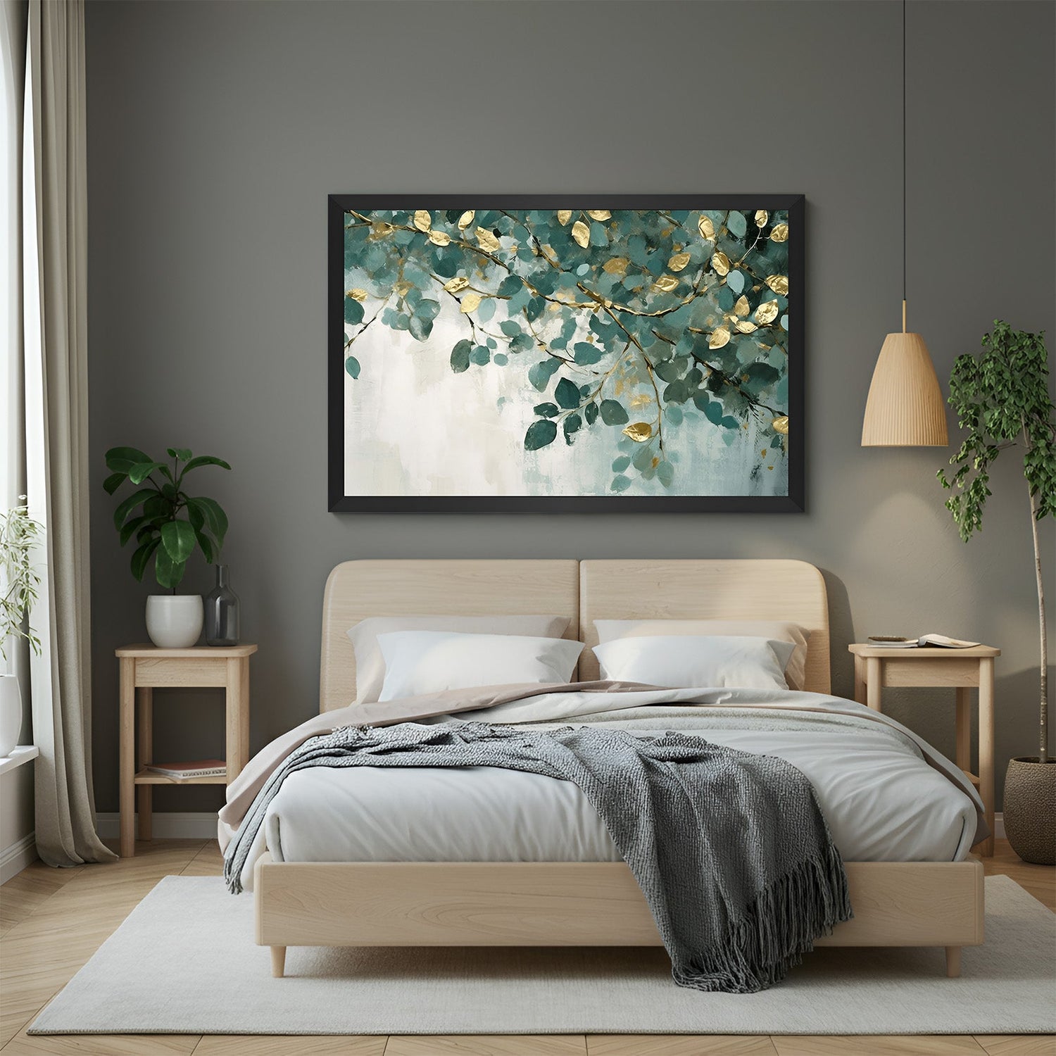 Black frame abstract green golden leaves canvas – wall art with visible branch and hanging leaves in a painted abstract form