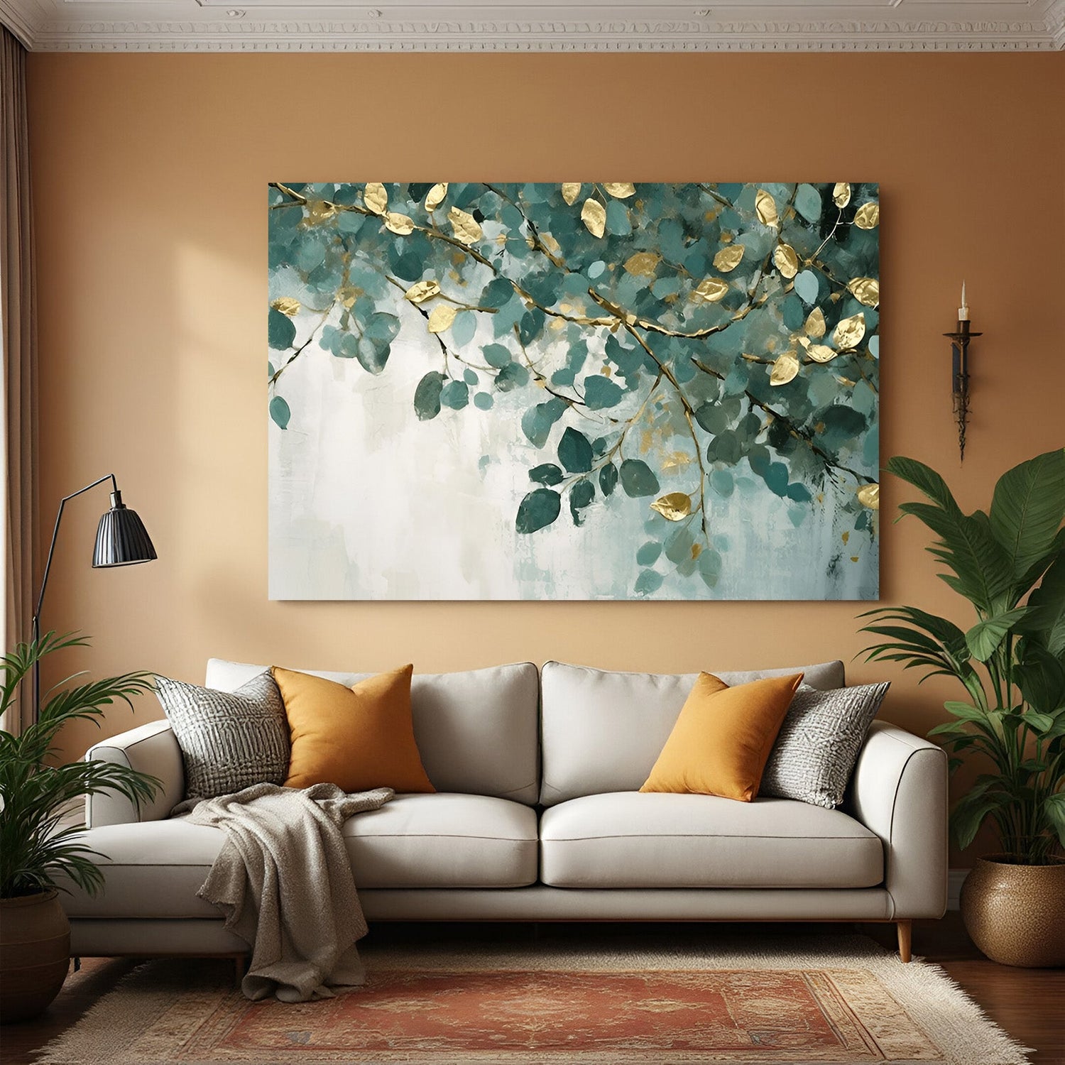Green and golden leaves on branch abstract wall art – painted canvas showing hanging foliage with visible branch in modern design