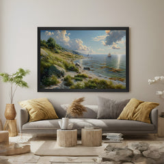Nature canvas painting in black floater frame showing lush green hill and wide sea, perfect for minimalist and calm home decor