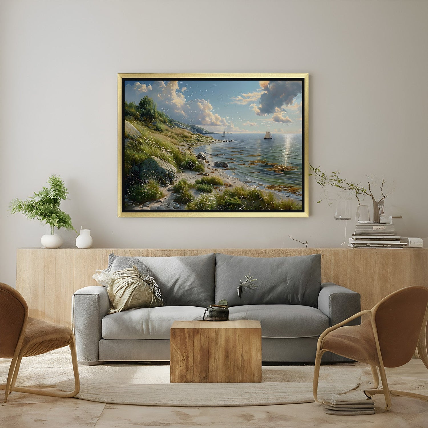 Golden frame canvas wall art featuring sea and greenery hill scenery, ideal for elegant nature-inspired rooms with soothing color tones