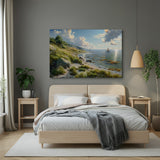Canvas wall art of green-covered hill overlooking a calm sea view, ideal for bringing refreshing nature scenery into modern or coastal interiors