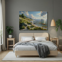 Canvas wall art of green-covered hill overlooking a calm sea view, ideal for bringing refreshing nature scenery into modern or coastal interiors