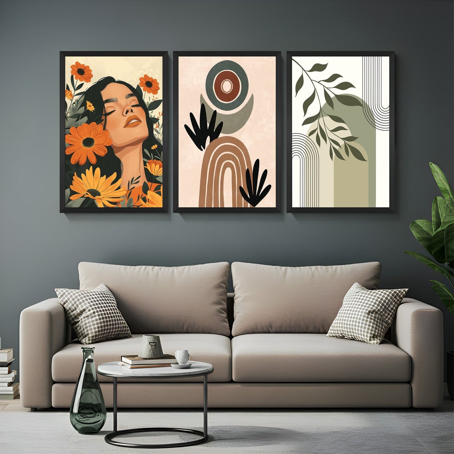 Boho wall art set of 3 with a new girl artwork, modern minimal print, and soft green bohemian canvas – stylish, earthy home decor