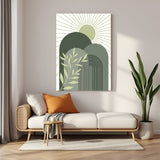 Earthy green boho canvas wall art with inverted U shapes and soft sun at the top
