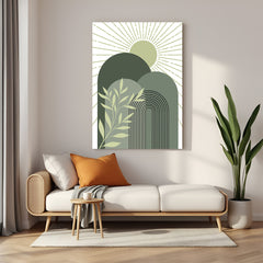 Earthy green boho canvas wall art with inverted U shapes and soft sun at the top