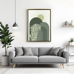 Golden frame canvas art with earthy tone U-shapes and sun – minimal and soothing bohemian design