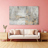 Grey and gold abstract textured canvas wall art with geometric lines in modern living room