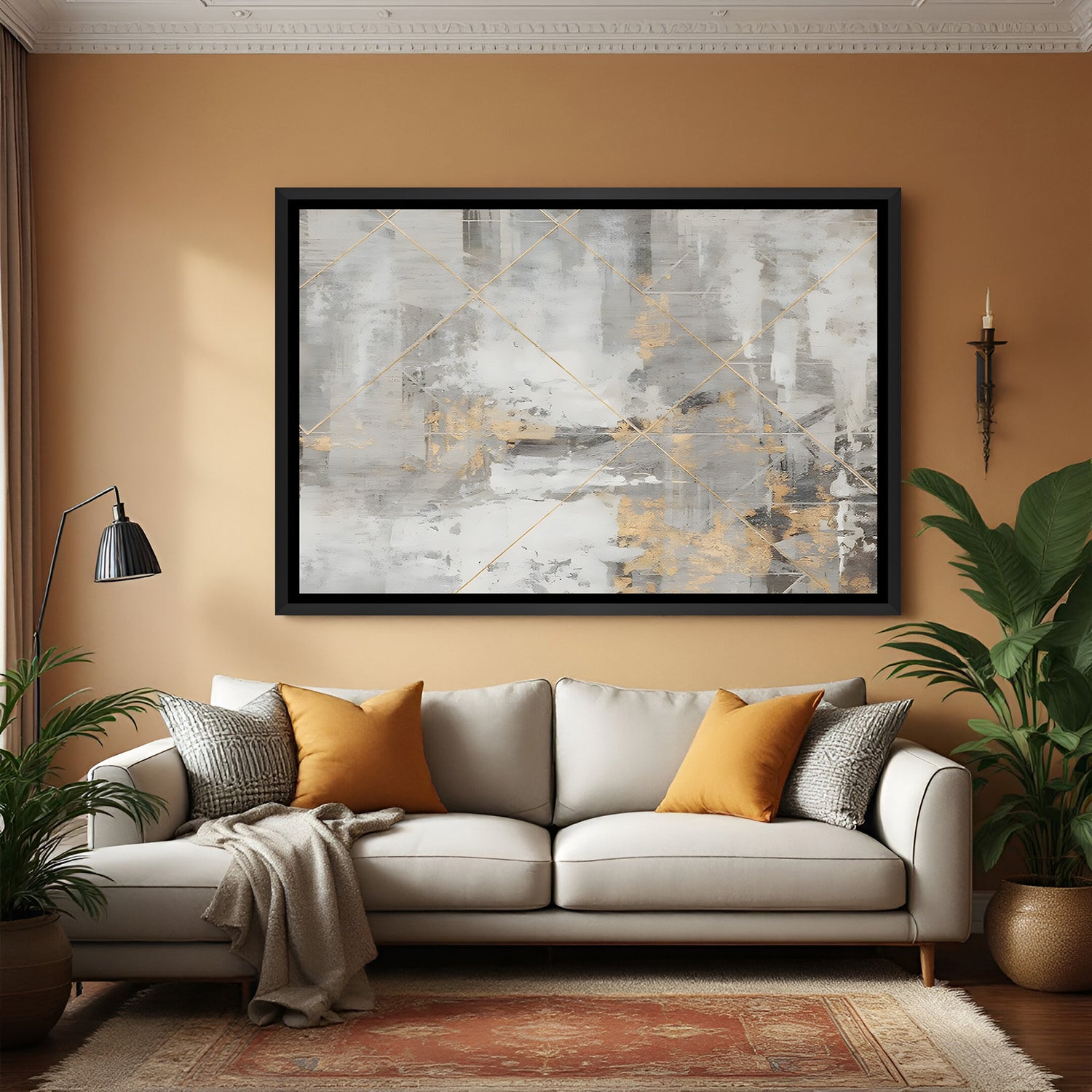 Modern grey abstract painting with gold accents in black frame for contemporary interiors