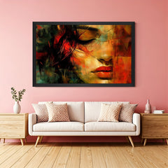 Abstract canvas art of girl's half face with closed eye in black floater frame