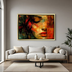 Modern gold-framed wall art of half girl face with closed eye in abstract style