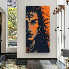 Half face Shiva vertical canvas wrap wall art intense Mahadev portrait for modern home decor India