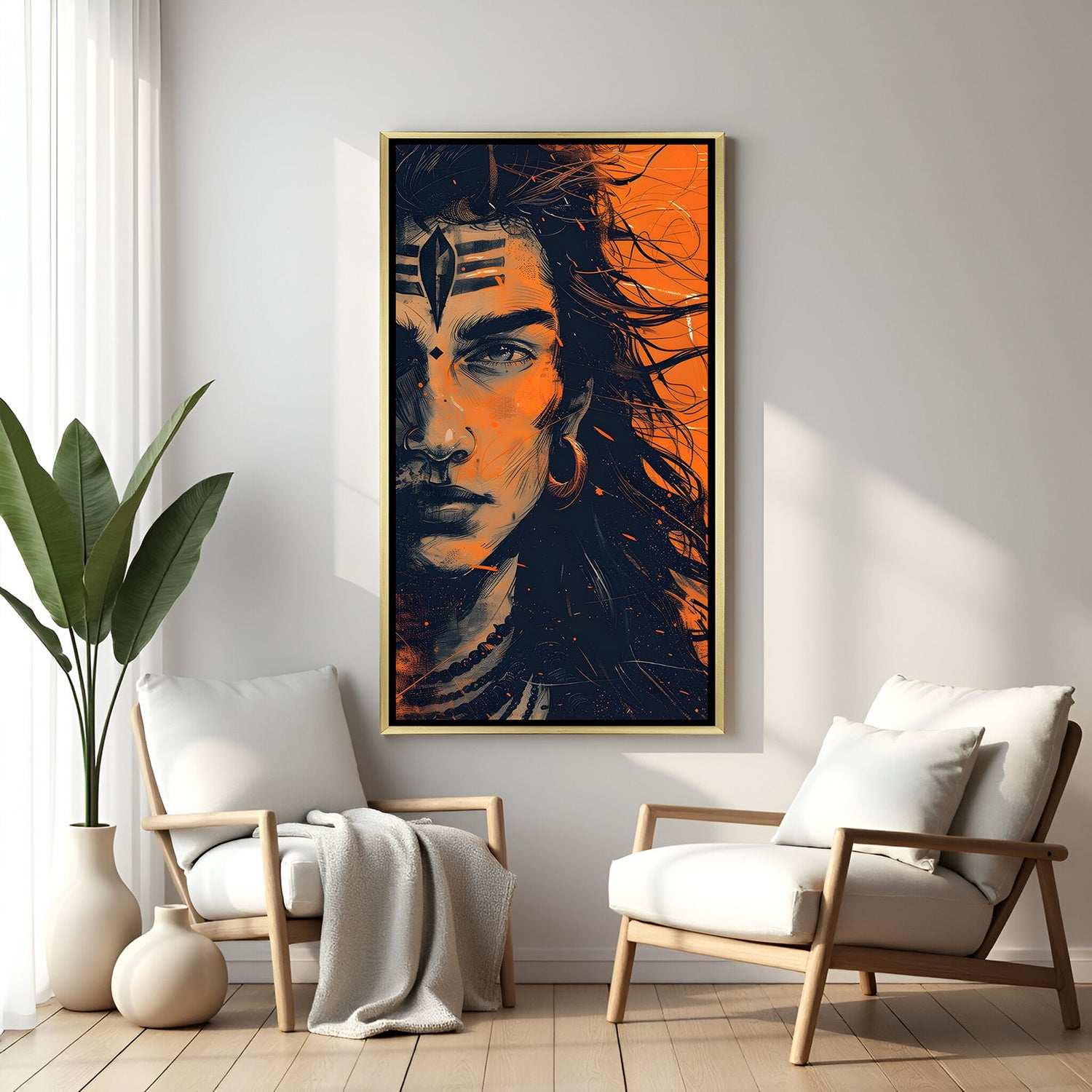 Half face Shiva vertical canvas wall art with golden floater frame luxury Hindu decor India