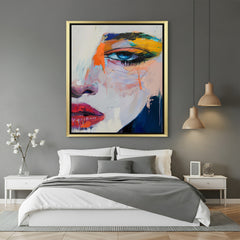 Golden frame abstract canvas of half female face – elegant wall art for contemporary spaces with emotional expression