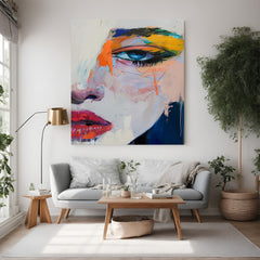 Abstract canvas art of half female face – expressive wall decor with soft tones and artistic brushstrokes for modern interiors