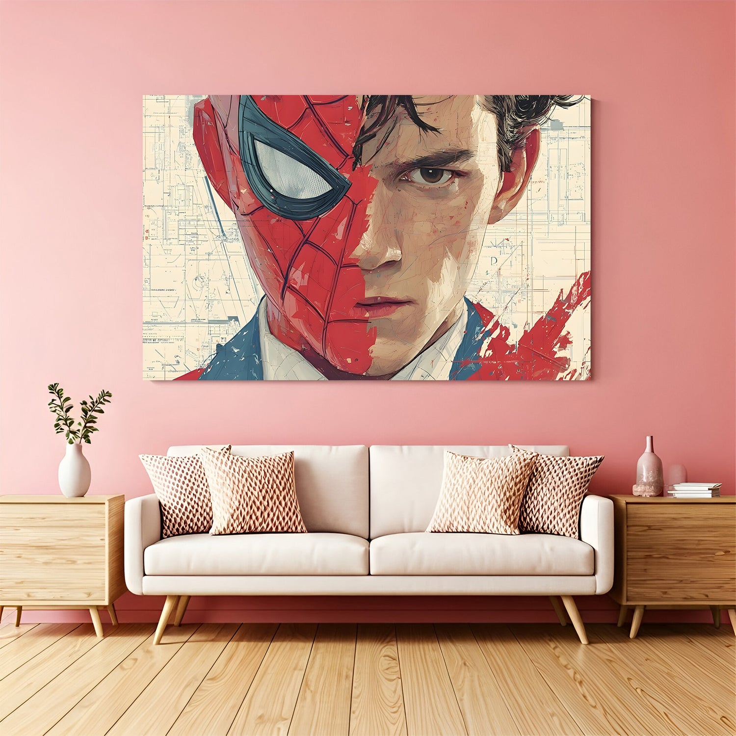 Half Spider-Man half Peter Parker close-up Marvel canvas wall art in premium frame
