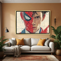 Half Spider-Man half Peter Parker cinematic Marvel artwork in luxury golden floater frame