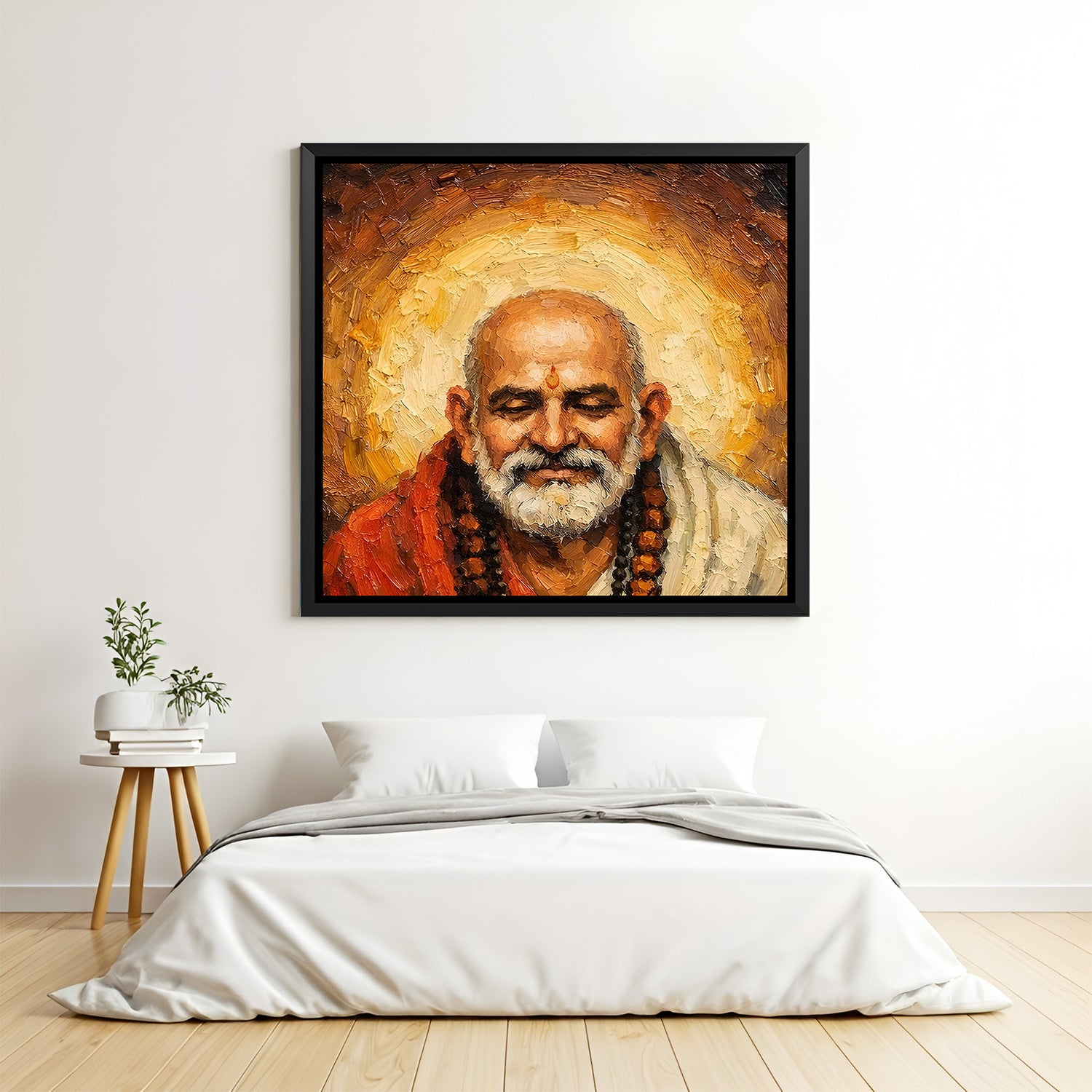 Neem Karoli Baba painted face artwork with closed eyes and radiant halo in elegant black floater frame