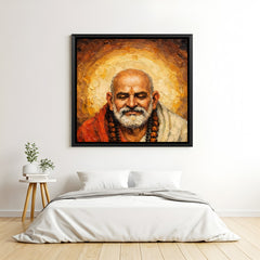 Neem Karoli Baba painted face artwork with closed eyes and radiant halo in elegant black floater frame