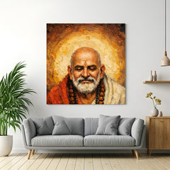 Painted portrait of Neem Karoli Baba with closed eyes and golden halo in premium canvas wrapped frame