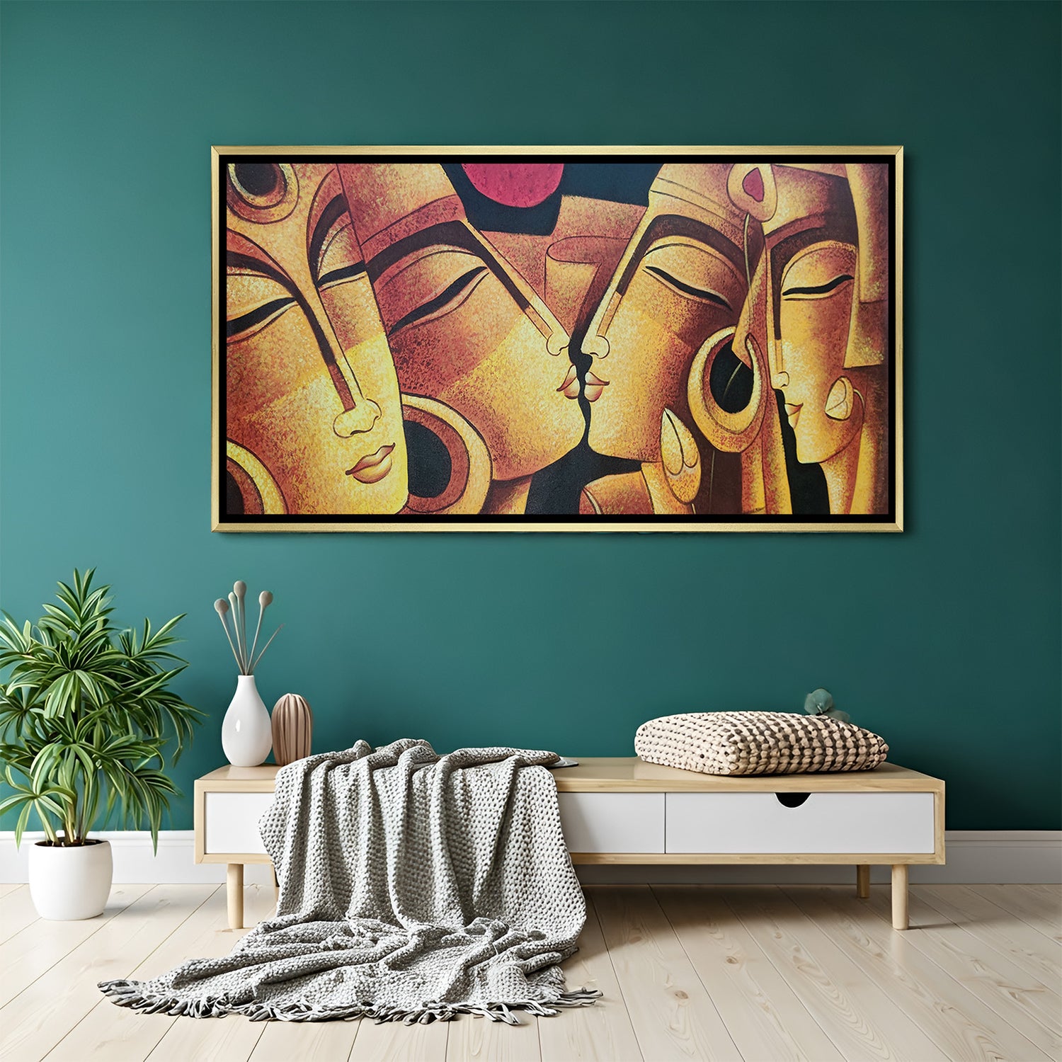 Hand-painted abstract faces Indian wall art in golden tones with golden floater frame – acrylic canvas spiritual artwork