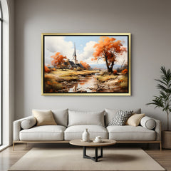 Luxury hand painted autumn landscape canvas wall art in golden floater frame – elegant wall decor for bedroom, office, and living spaces