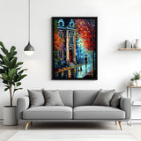 Hand-painted autumn street scene wall art with umbrella figure and old building in black floater frame – impressionist acrylic canvas painting