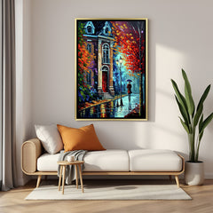 Hand-painted autumn street scene wall art with glowing lamps and autumn trees in golden floater frame – impressionist acrylic cityscape painting